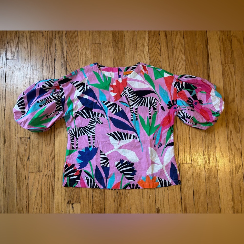 Oliphant Pink Multicolor Zebra & Tropical Print Puff Sleeve Blouse